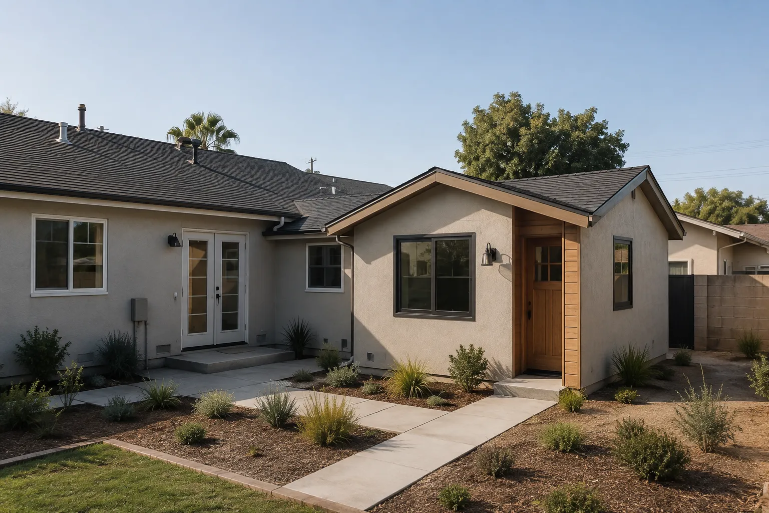 AI design concept showing an attached Anaheim accessory dwelling unit connected to the main residence