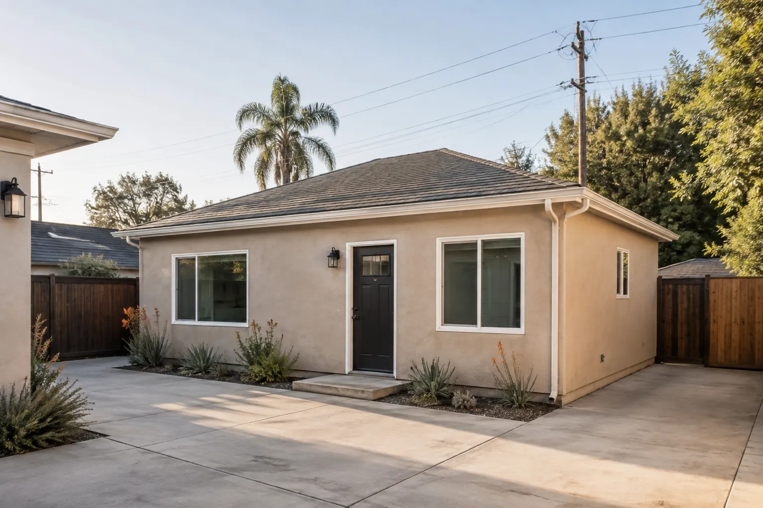 AI design concept of a detached Anaheim garage converted into a compact accessory dwelling unit